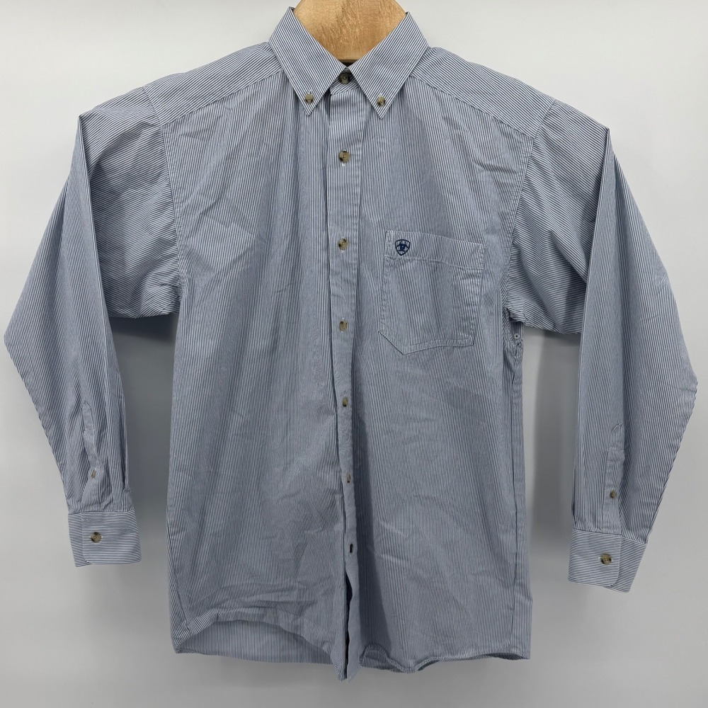 Ariat Pro Series Shirt Mens Small Blue White Pinstripe Long Sleeve Button Down - Picture 2 of 9